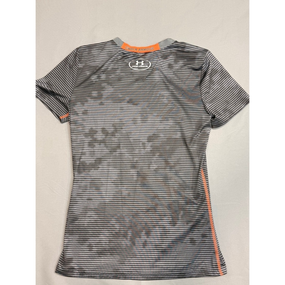 Under Armour Boys HeatGear Fitted Shirt Gray Orange Striped Short Sleeve YLG L